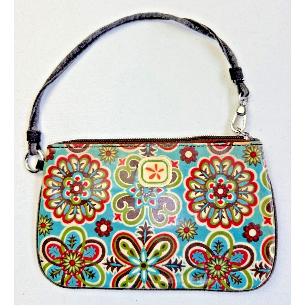 Fleurville Wristlet Wallet Laminated Stain Glass Teal Print Fabric 5 x 8 Zip Top